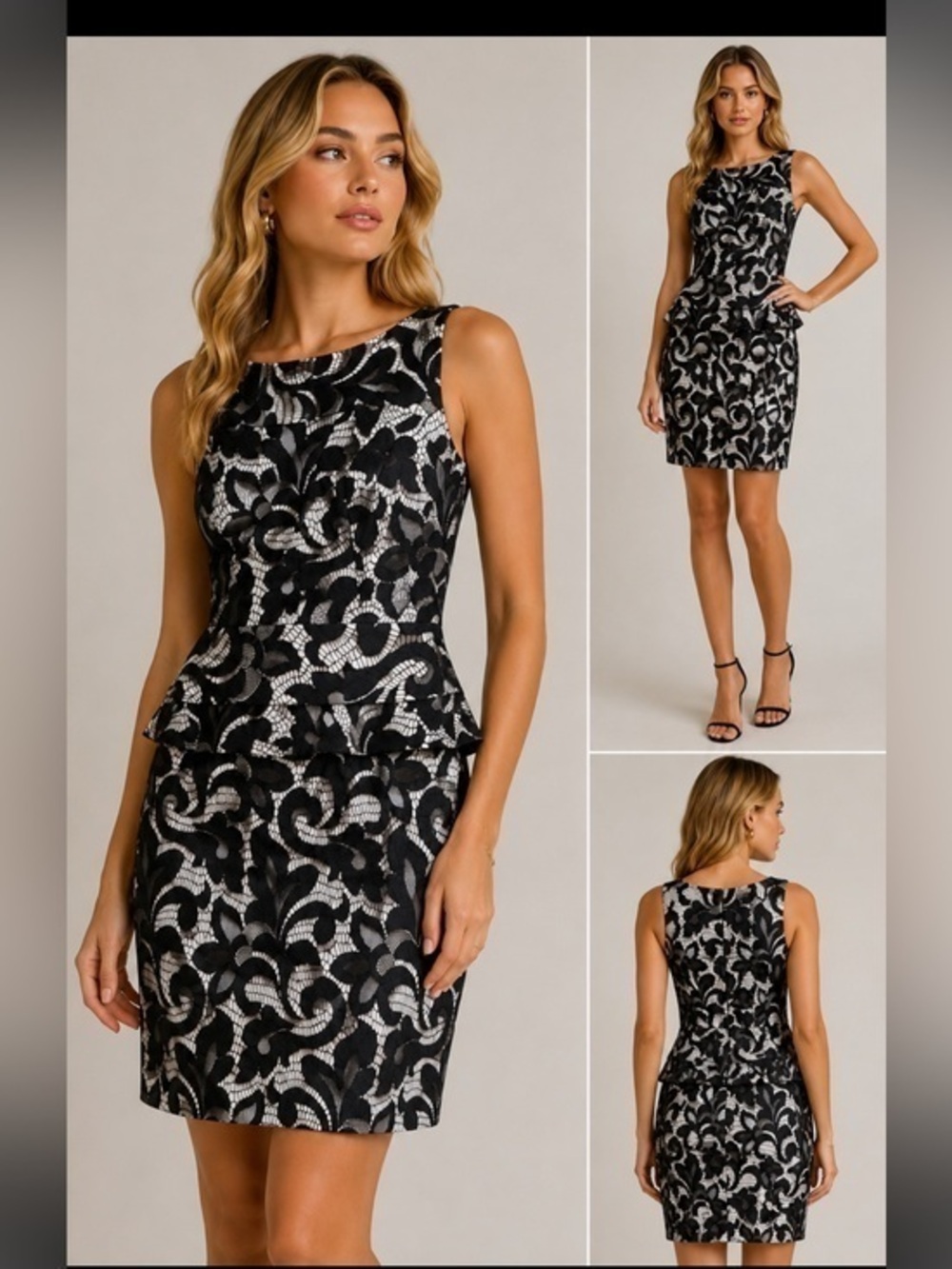 Milly New York Black & White Lace Peplum Cocktail Dress Size 4 Made in USA